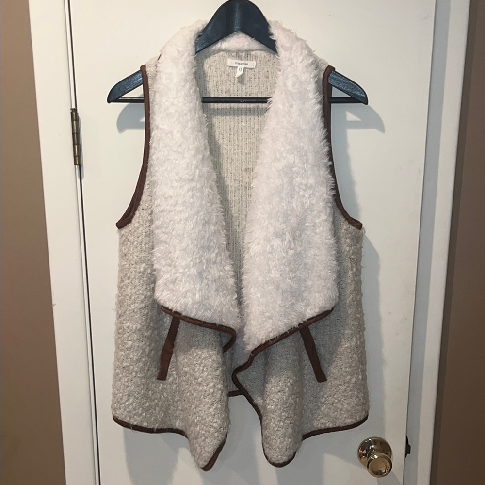Maurices Cream Faux Shearling Trim Open Front Vest